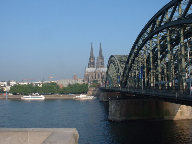 view of Hohenzollern Bridge and downtown Cologne